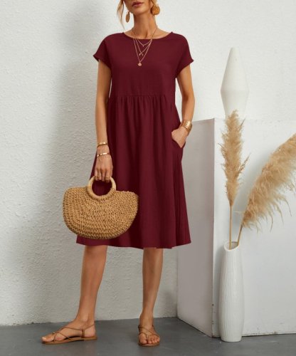 Women's Short Sleeve Cotton And Linen Dress-