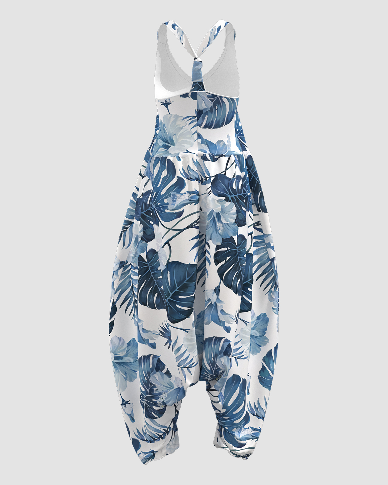 Women's Blue Floral Print Sleeveless Jumpsuit Harem Pants
