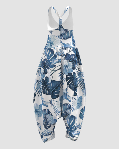 Women's Blue Floral Print Sleeveless Jumpsuit Harem Pants