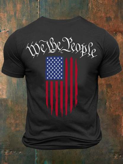 Men's Independence Day We The People America Flag Buttons Neck Tee