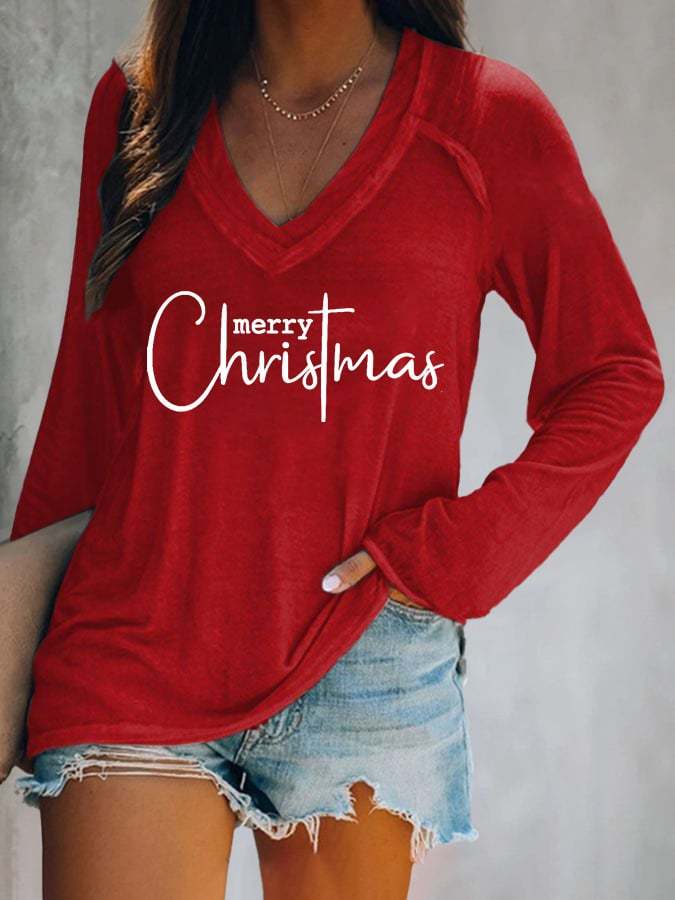 Women's Merry Christmas Print Casual Long Sleeve T-Shirt
