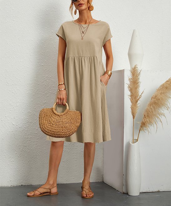 Women's Short Sleeve Cotton And Linen Dress-