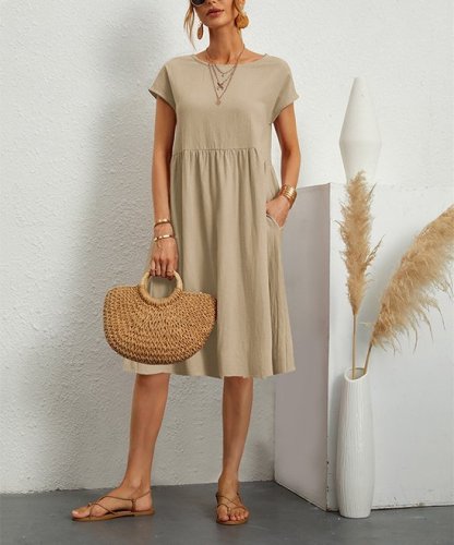 Women's Short Sleeve Cotton And Linen Dress-