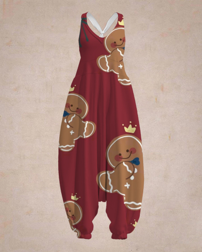 Women's Gingerbread Man With Crown Print Sleeveless Jumpsuit Harem Pan