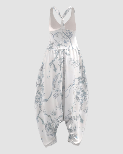 Women's Vintage Floral Print Sleeveless Jumpsuit Harem Pants