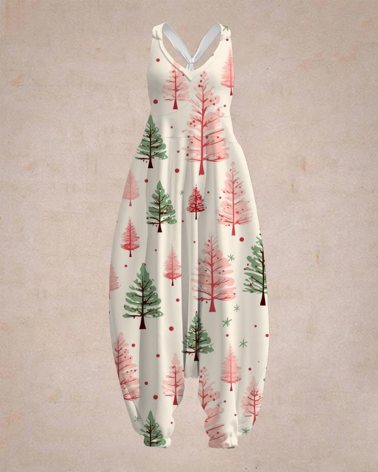 Women's Watercolor Christmas Tree Print Sleeveless Jumpsuit Harem Pant