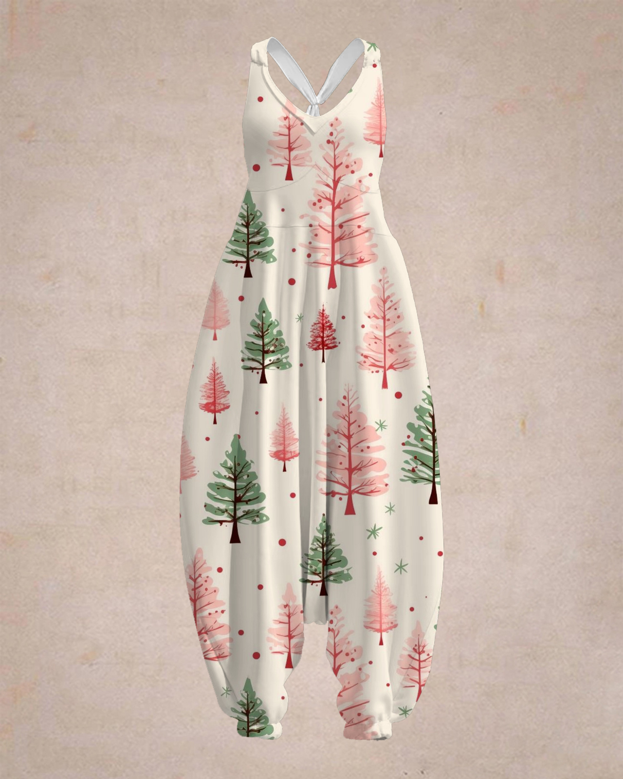 Women's Watercolor Christmas Tree Print Sleeveless Jumpsuit Harem Pant