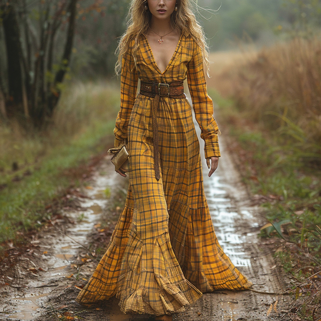 Retro V-neck Plaid Women's Long-sleeved Long Skirt Country Pastoral Re