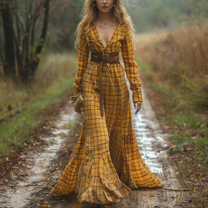 Retro V-neck Plaid Women's Long-sleeved Long Skirt Country Pastoral Re