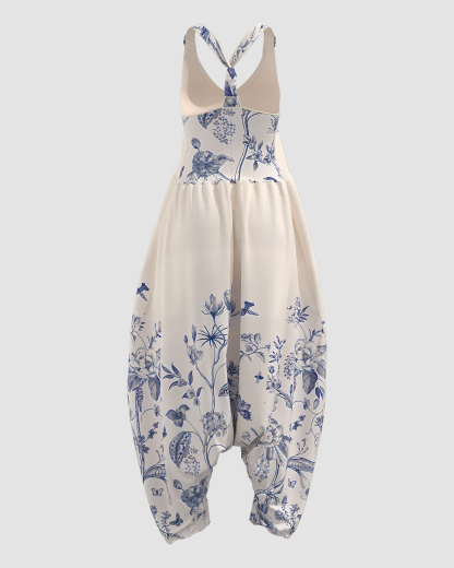 Women's Retro Bird Print Sleeveless Jumpsuit Harem Pants
