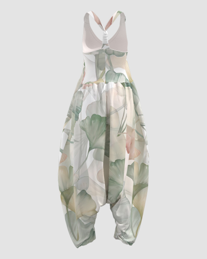 Women's Ginkgo Leaf Print Sleeveless Jumpsuit Harem Pants