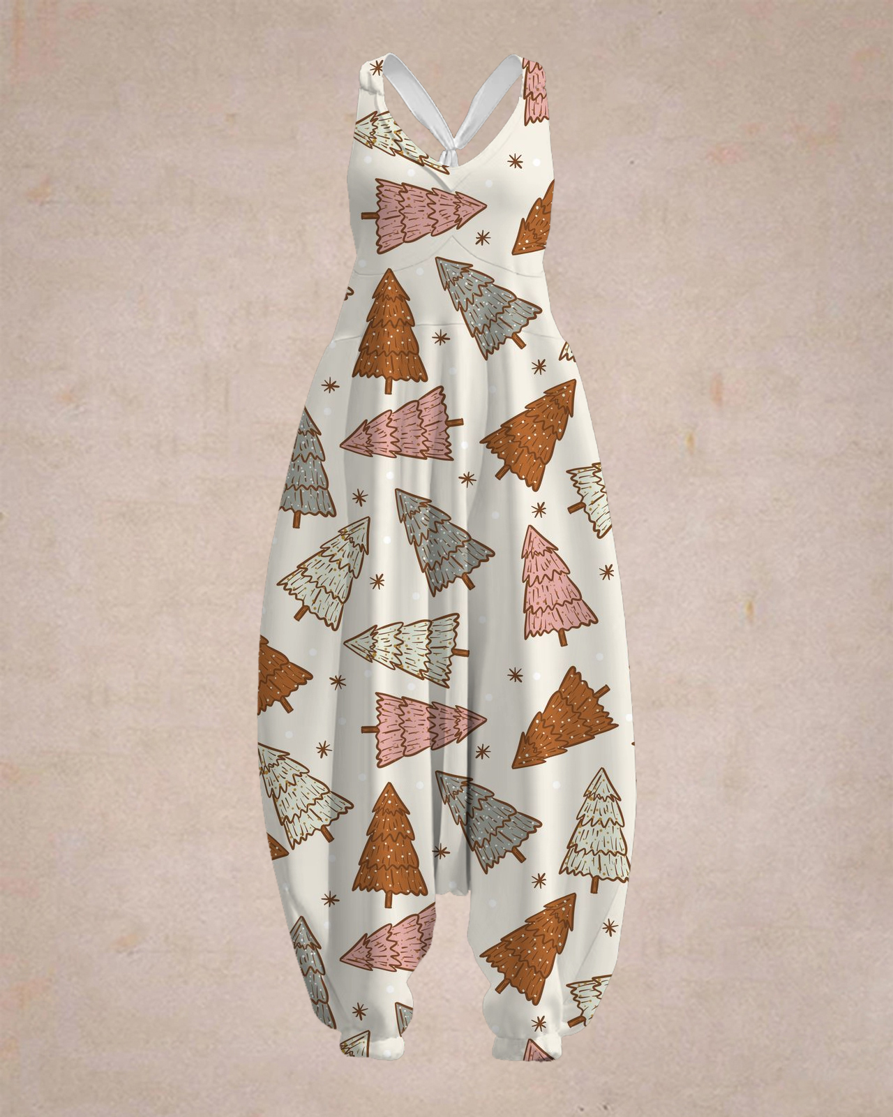 Women's Boho Christmas Tree Print Sleeveless Jumpsuit Harem Pants