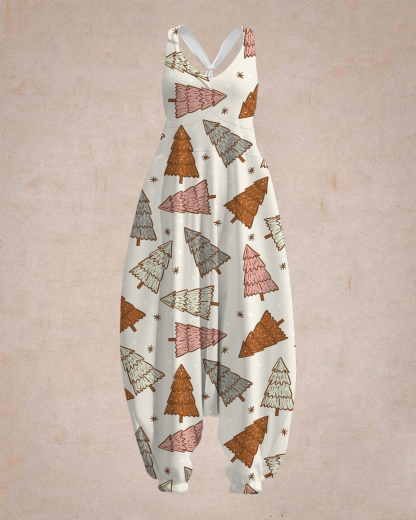 Women's Boho Christmas Tree Print Sleeveless Jumpsuit Harem Pants