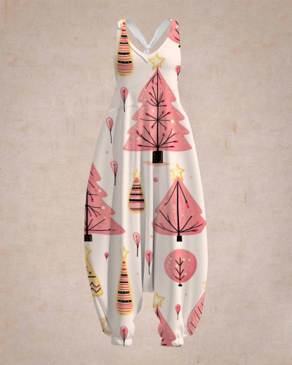 Women's Pink Tree with Star Print Sleeveless Jumpsuit Harem Pants