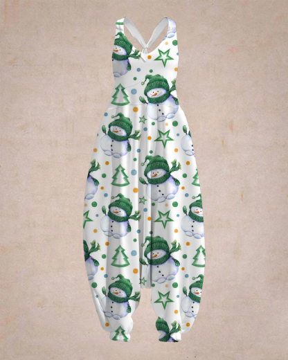 Women's Snowman With Green Hat Print Sleeveless Jumpsuit Harem Pants