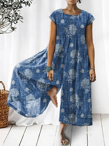 Women's Retro Art Print Casual Jumpsuit