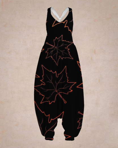 Women's Maple Leaf Print Sleeveless Jumpsuit Harem Pants