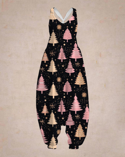 Women's Christmas Tree and Moon Print Sleeveless Jumpsuit Harem Pants