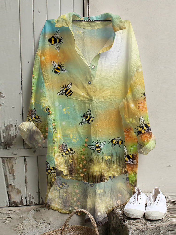 Retro Bees Floral Art Print Long Sleeve Shirt