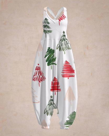 Women's Christmas Holiday Trees Print Sleeveless Jumpsuit Harem Pants