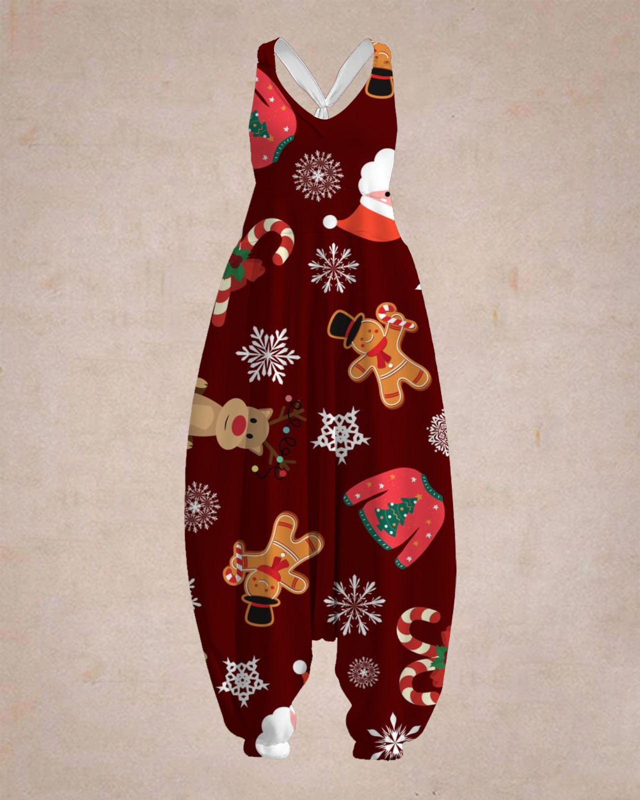 Women's Cute Christmas Pattern Print Sleeveless Jumpsuit Harem Pants
