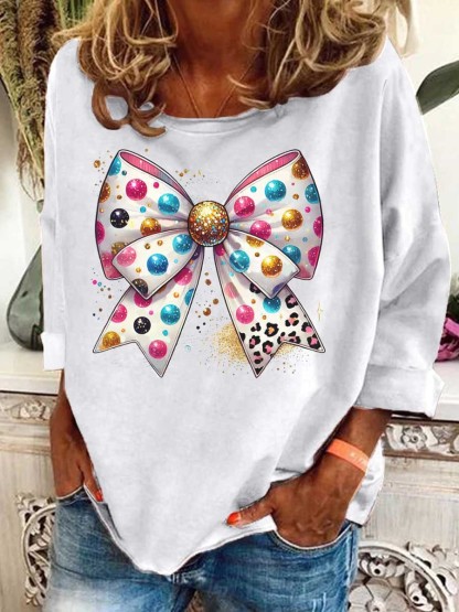 Women's Christmas Bow Tie Print Graphic Long Sleeve T-Shirt