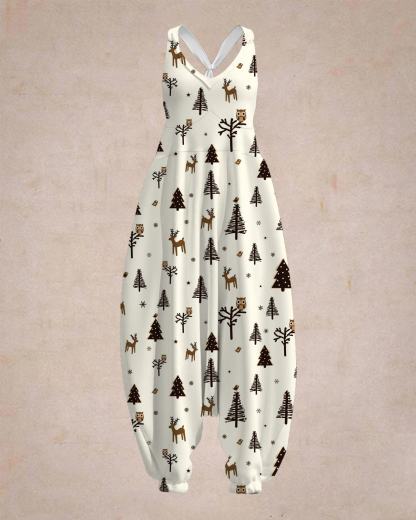 Women's Christmas Pattern With Reindeer Print Sleeveless Jumpsuit Hare