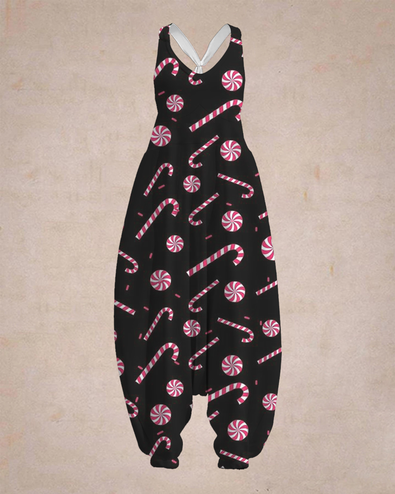 Women's Candy Canes Print Sleeveless Jumpsuit Harem Pants
