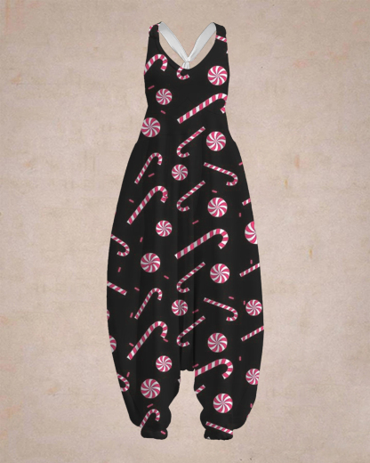Women's Candy Canes Print Sleeveless Jumpsuit Harem Pants