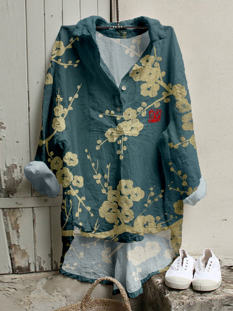 Japanese Plum Blossom Art Linen Blend Cozy Tunic