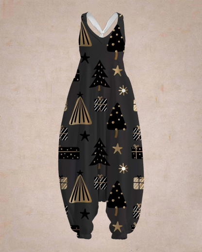 Women's Dark Christmas Print Sleeveless Jumpsuit Harem Pants
