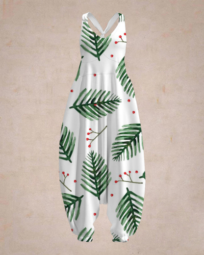 Women's Pine Twigs and Red Winter Berries Print Sleeveless Jumpsuit Ha