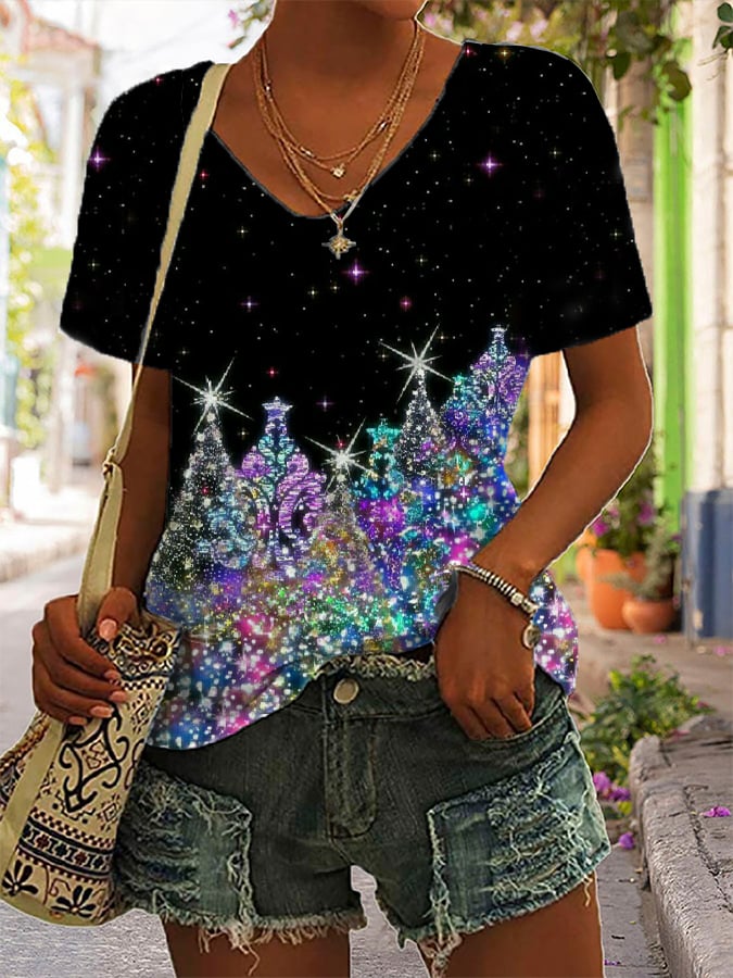 Glitter Print V-Neck Casual T-Shirt