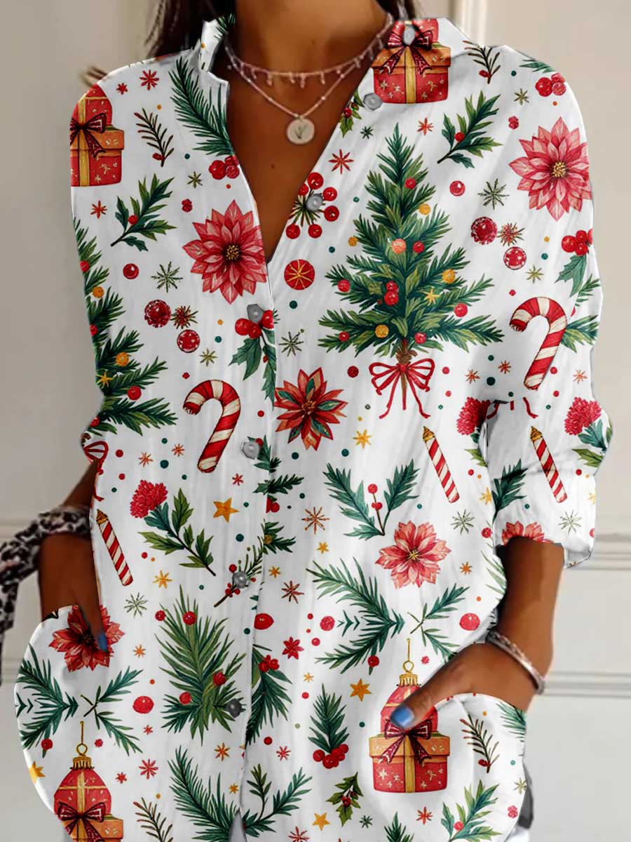 Women'Christmas Tree Pattern Cotton And Linen Shirt