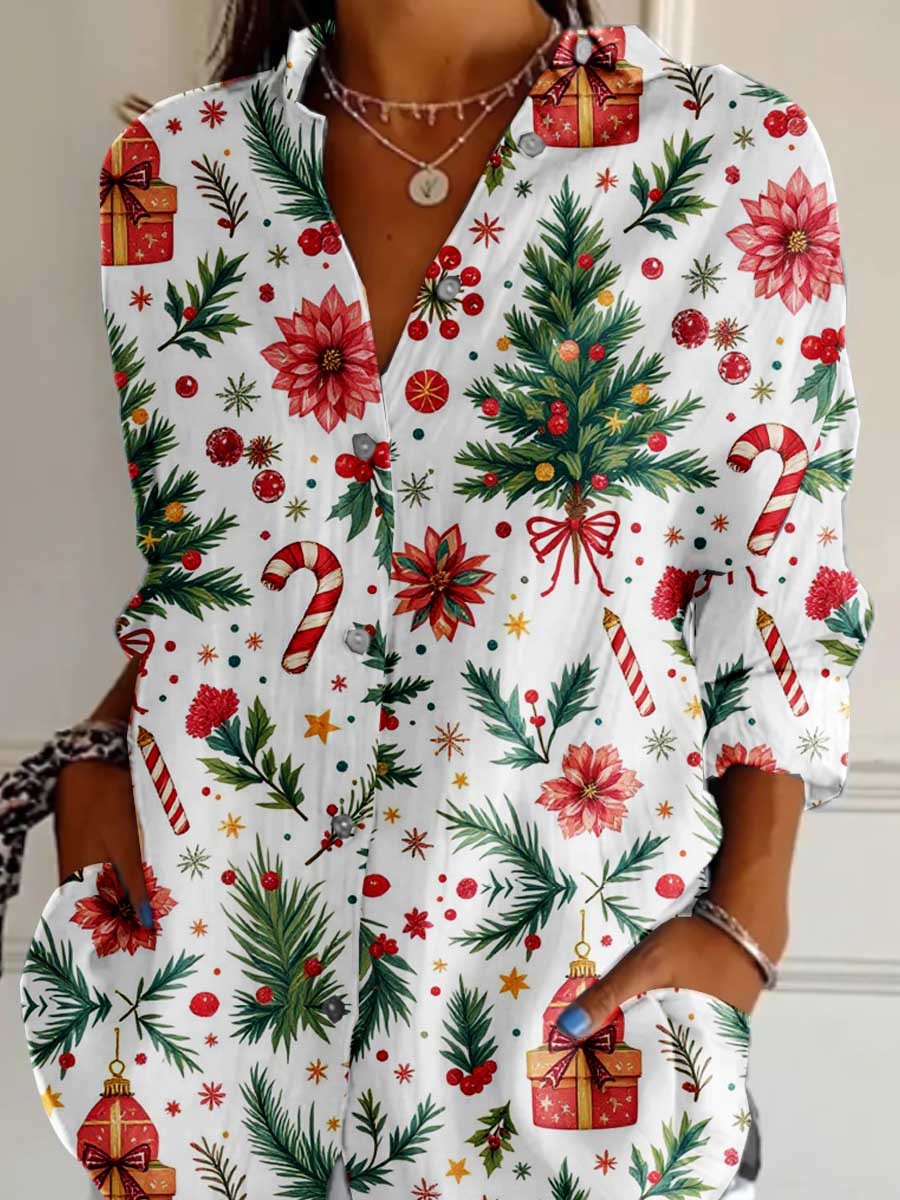 Women'Christmas Tree Pattern Cotton And Linen Shirt