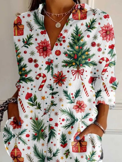 Women'Christmas Tree Pattern Cotton And Linen Shirt