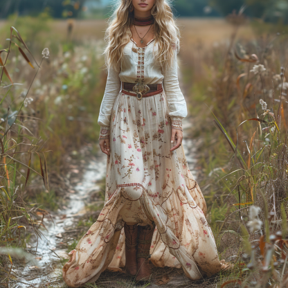 Retro V-neck Floral Women's Long-sleeved Long Skirt Country Pastoral R