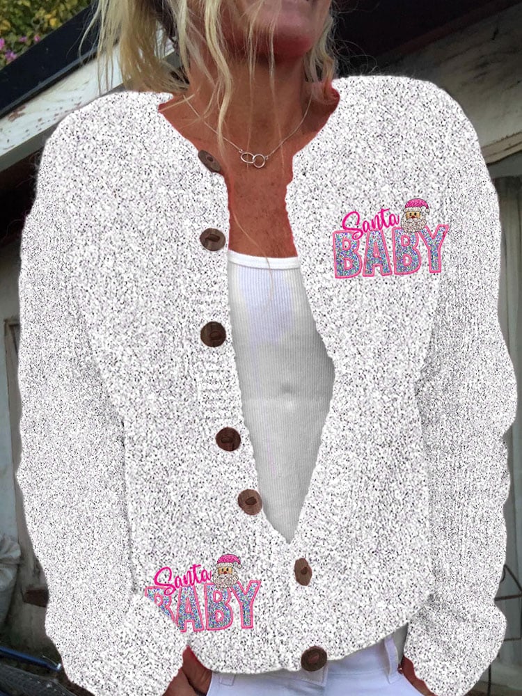 Women's Vintage Christmas Shiny Santa Baby Knit Cardigan