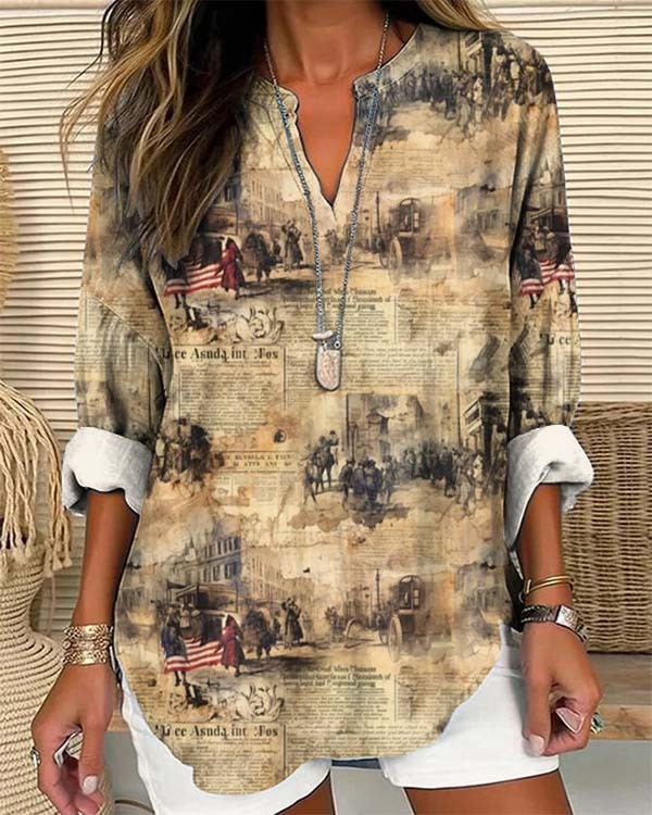 Women's Vintage Independence Day Casual Print Loose Top
