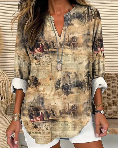 Women's Vintage Independence Day Casual Print Loose Top