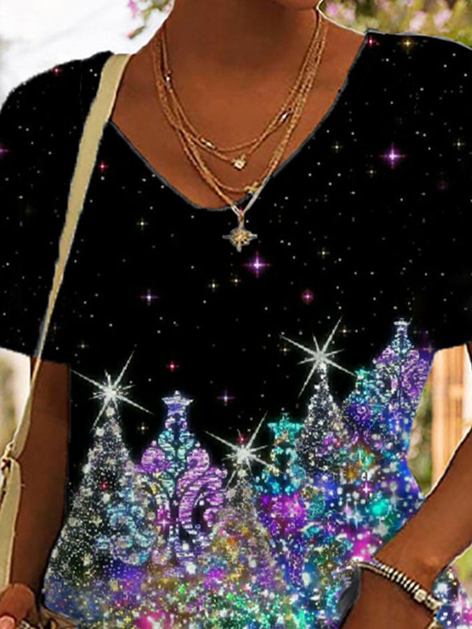 Glitter Print V-Neck Casual T-Shirt