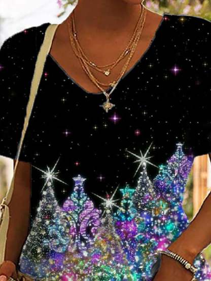 Glitter Print V-Neck Casual T-Shirt