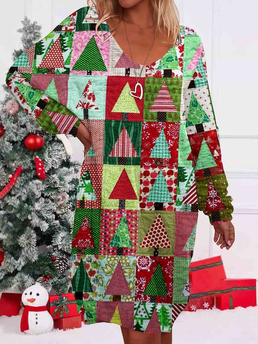 Women's Christmas tree Pattern Knitted Long Sleeve Dress
