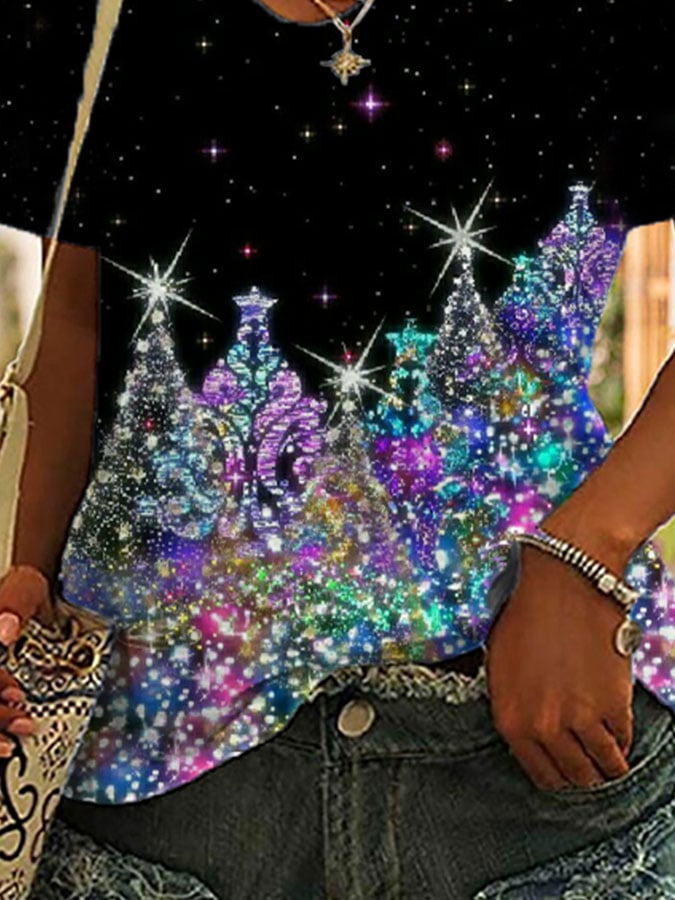 Glitter Print V-Neck Casual T-Shirt