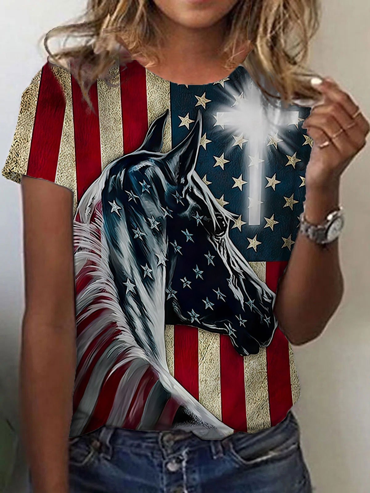 Women's American Independence Day Flag Horse Cross Printed Crew Neck T