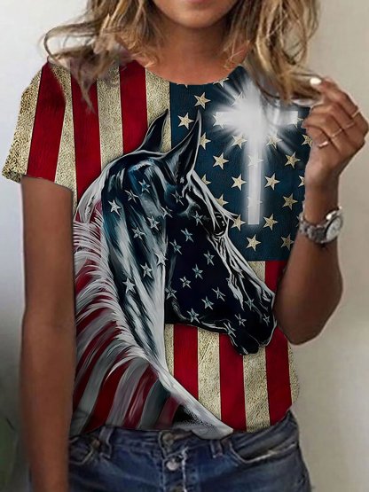 Women's American Independence Day Flag Horse Cross Printed Crew Neck T