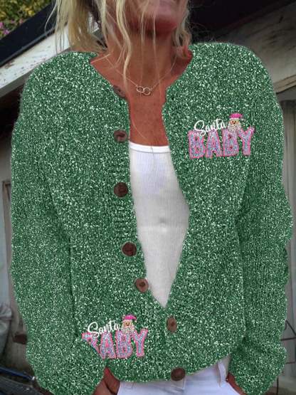 Women's Vintage Christmas Shiny Santa Baby Knit Cardigan