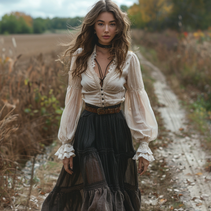 Vintage V-neck Linen Long-sleeve Dress