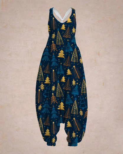 Women's Dark Blue Christmas Tree Print Sleeveless Jumpsuit Harem Pants