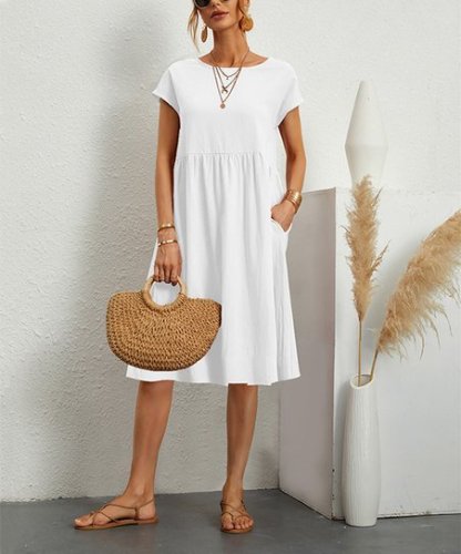 Women's Short Sleeve Cotton And Linen Dress-